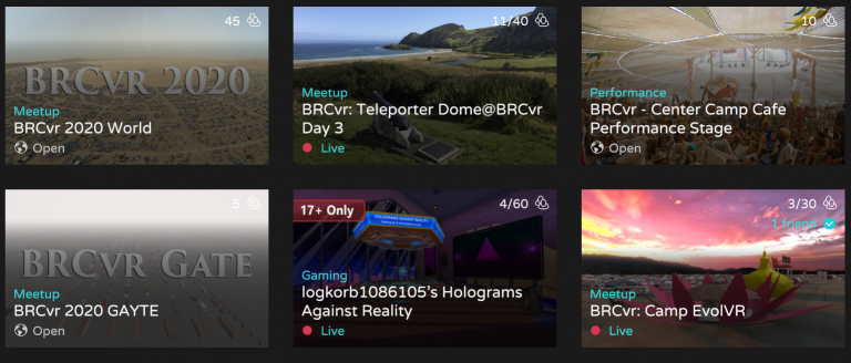 6 Altspace screens with different meet-ups and a performance and gaming event