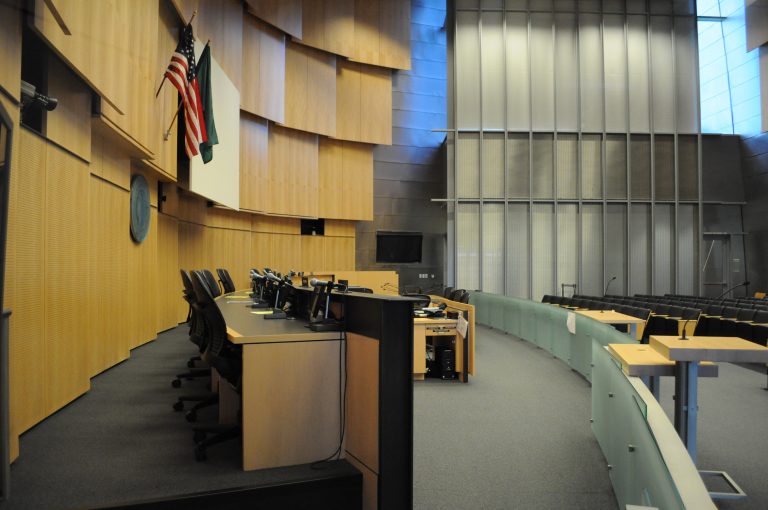 empty council room viewed from side of council dais, U.S. and Washington State flags and white screen hang behind the empty council seats